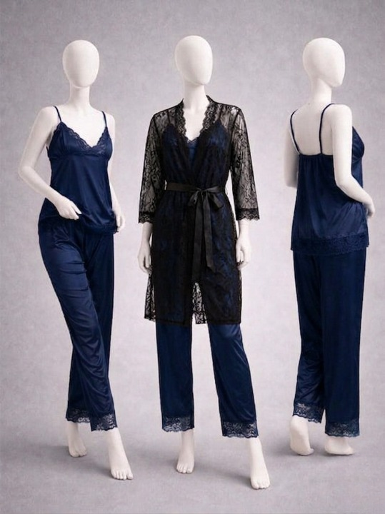 Elegant 3-Piece Women's Nightwear Set – Silk Cami, Pajamas & Lace Robe (Free Size)