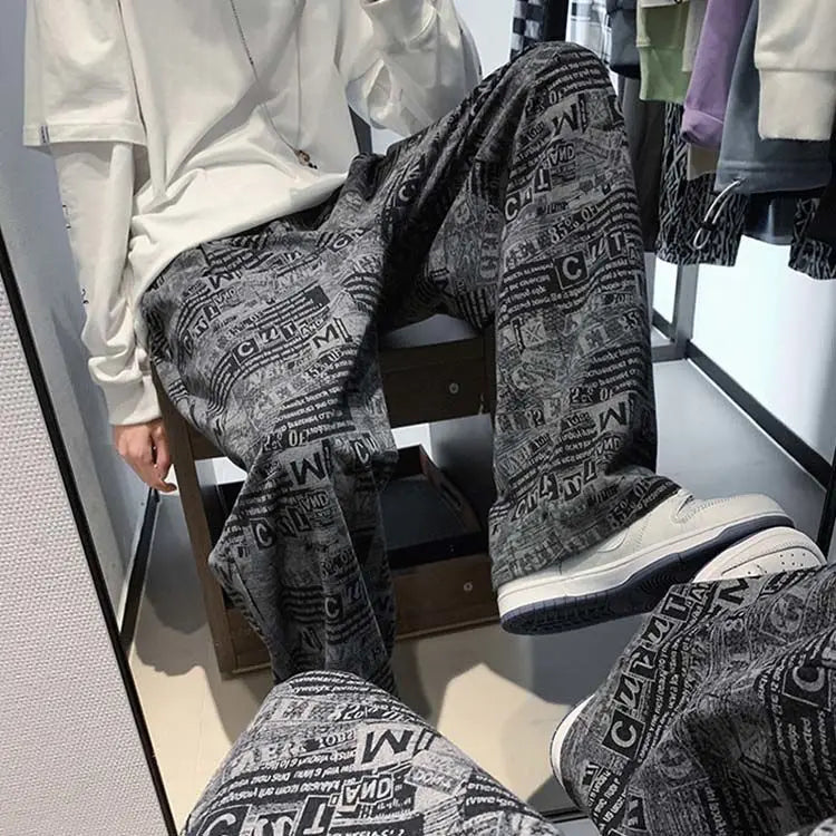 Trendy Harbor Style Retro Wide-leg Pants Used in Old Newspaper Full Print Loose Straight Casual Trousers Men