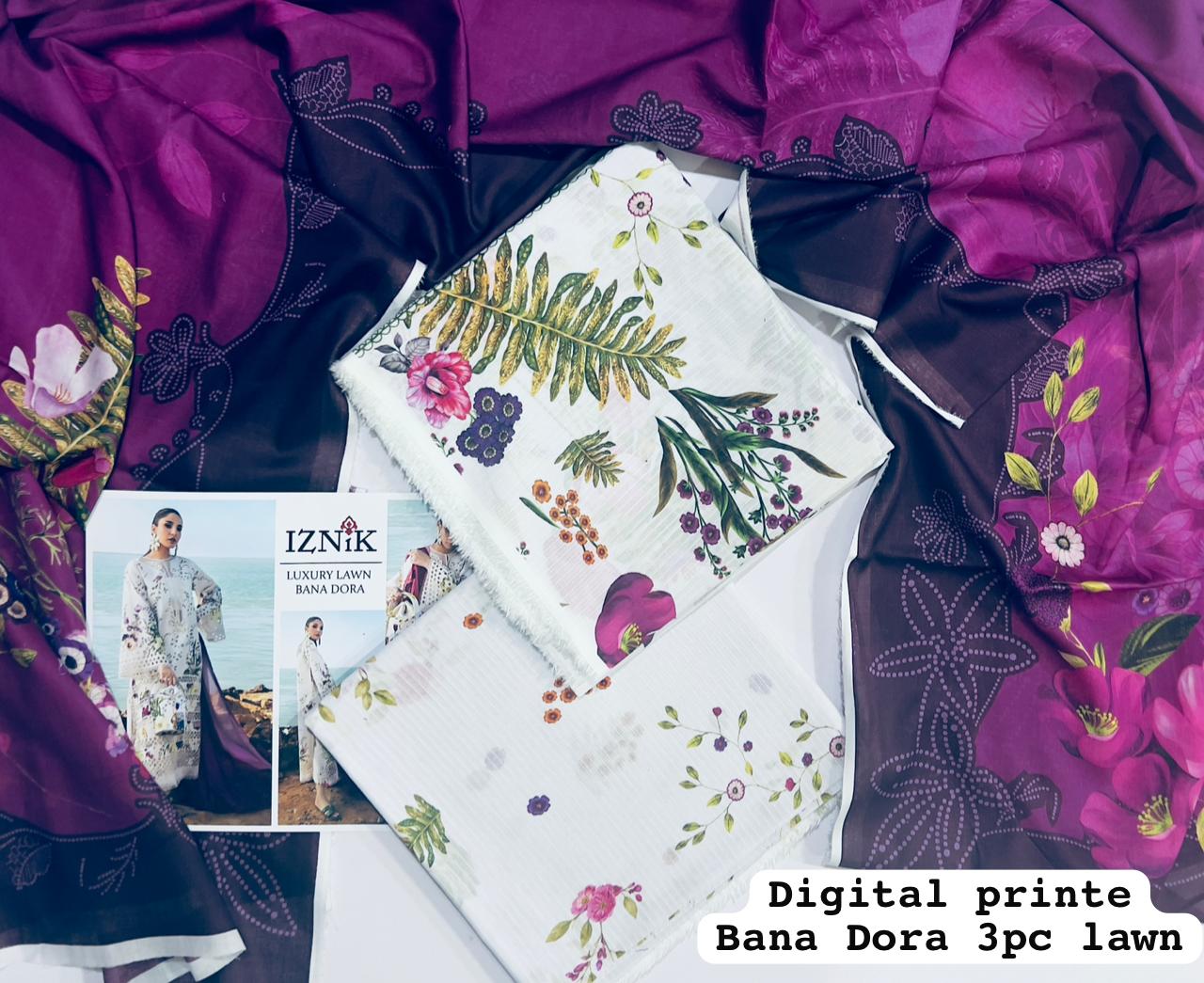 Iznik 03PCS, FABRIC Digital printed Bana Dora Lawn 90/88