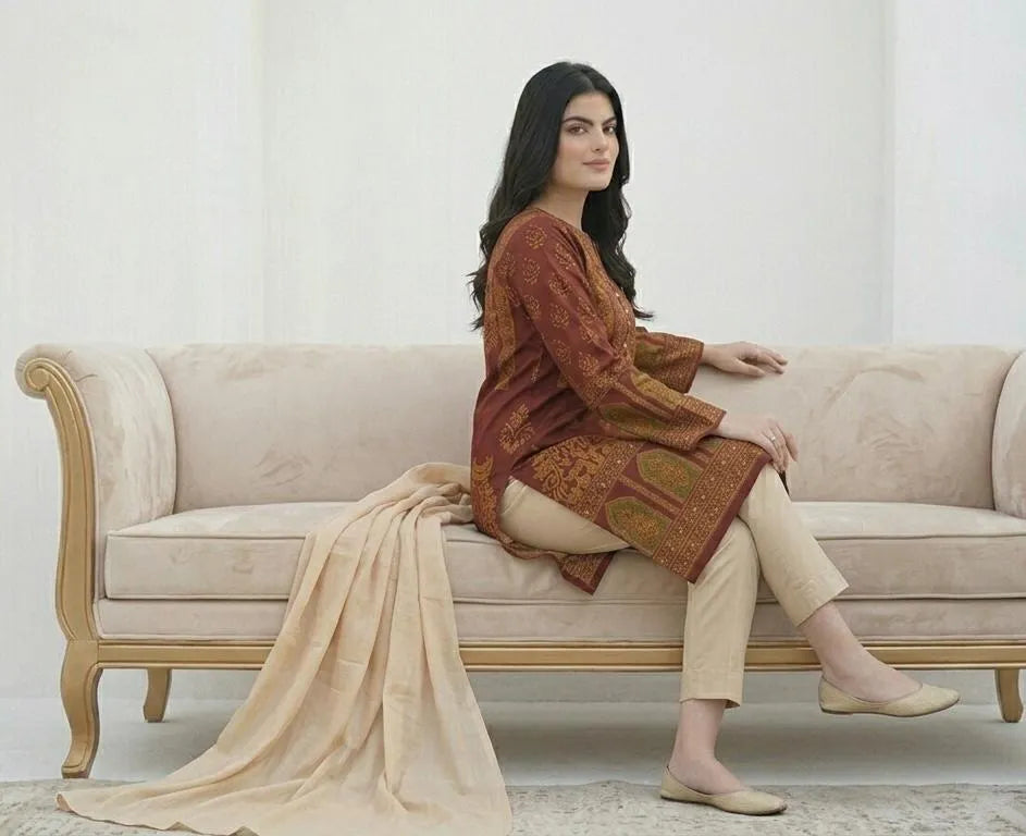 Arabic lawn, printed suit with chiffon dupatta