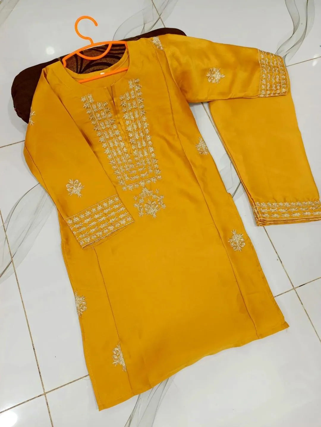 Gold shamoz embroidered kurta shalwar 6-12 years