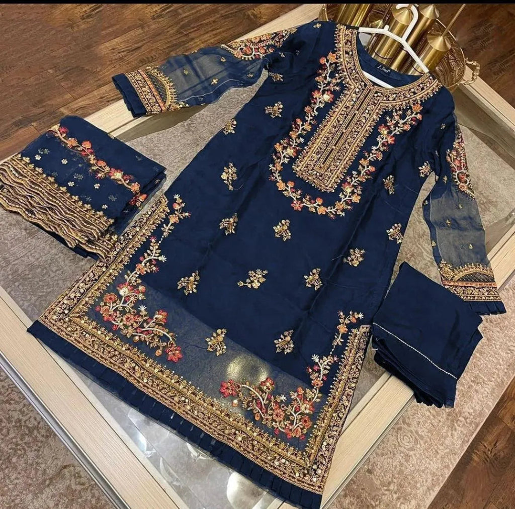 3 Pieces women's stitched organza suit