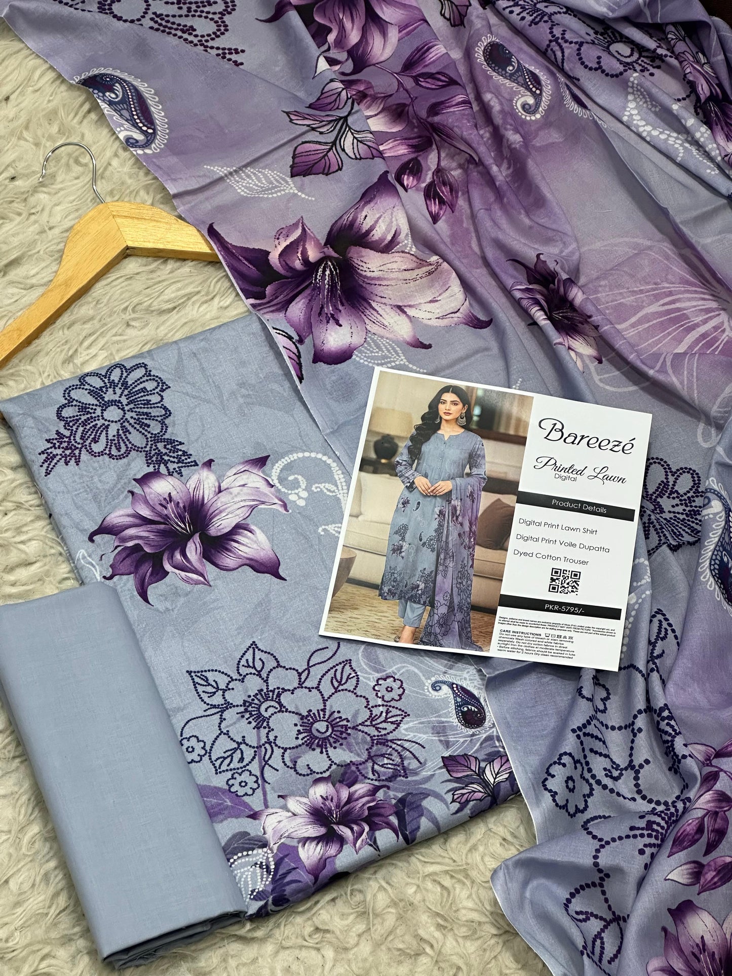 Bareezé printed lawn shirt, voille dupatta, dyed cotton trouser