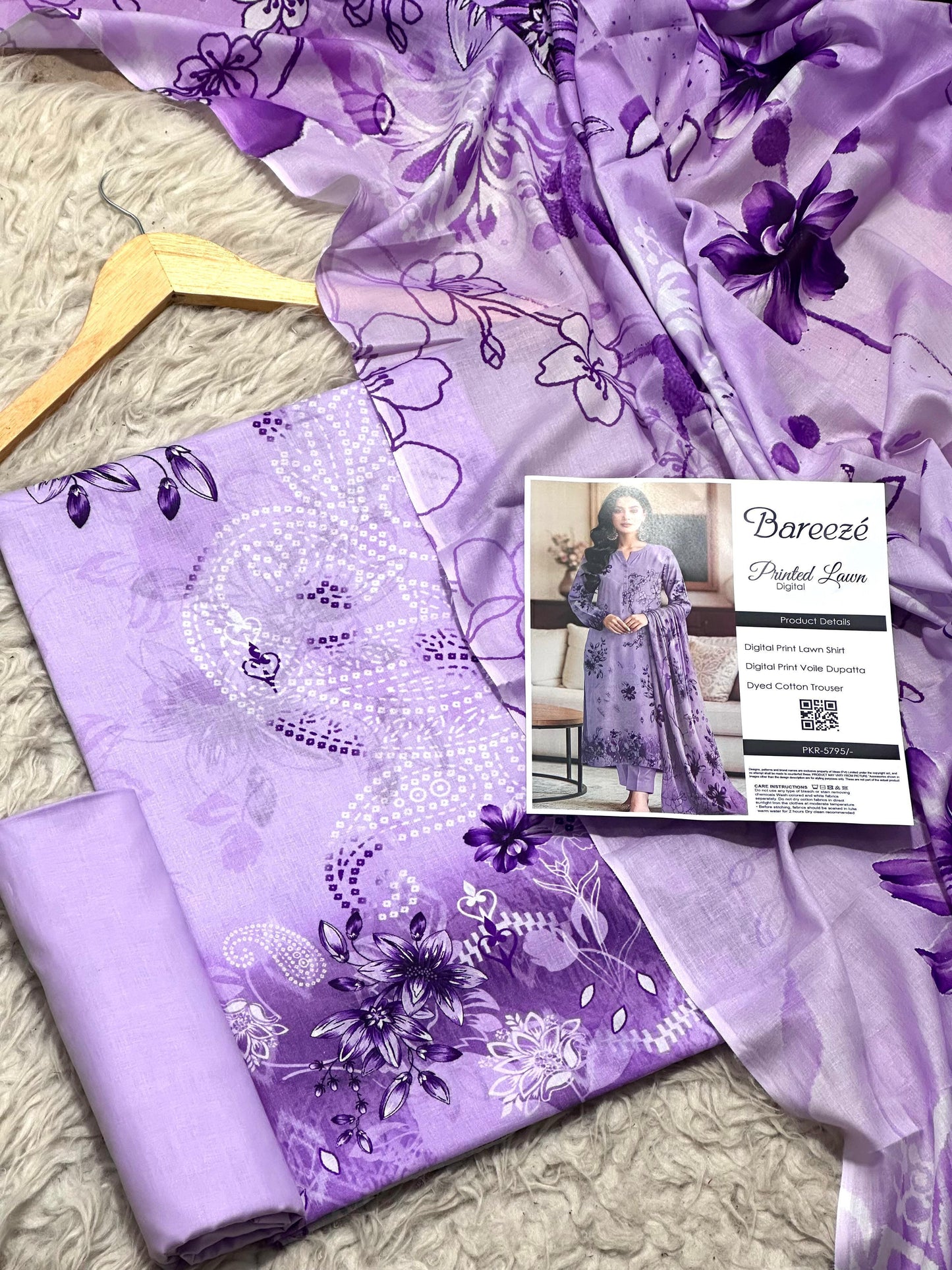 Bareezé printed lawn shirt, voille dupatta, dyed cotton trouser