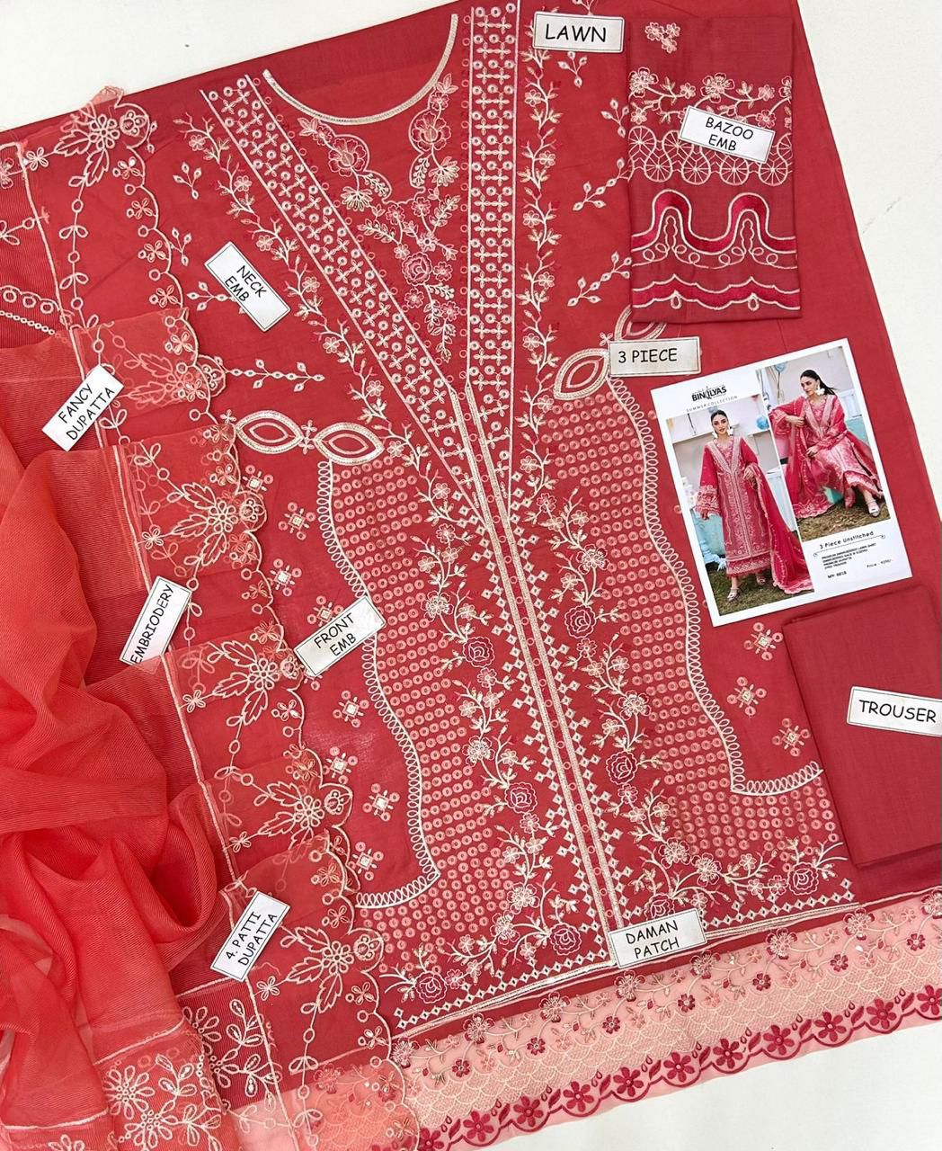Bin-illyas, embroidered lawn shirt and trouser with cotton Net dupatta.