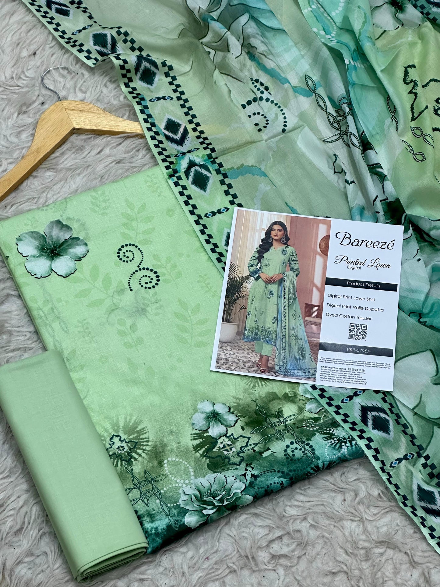 Bareezé printed lawn shirt, voille dupatta, dyed cotton trouser