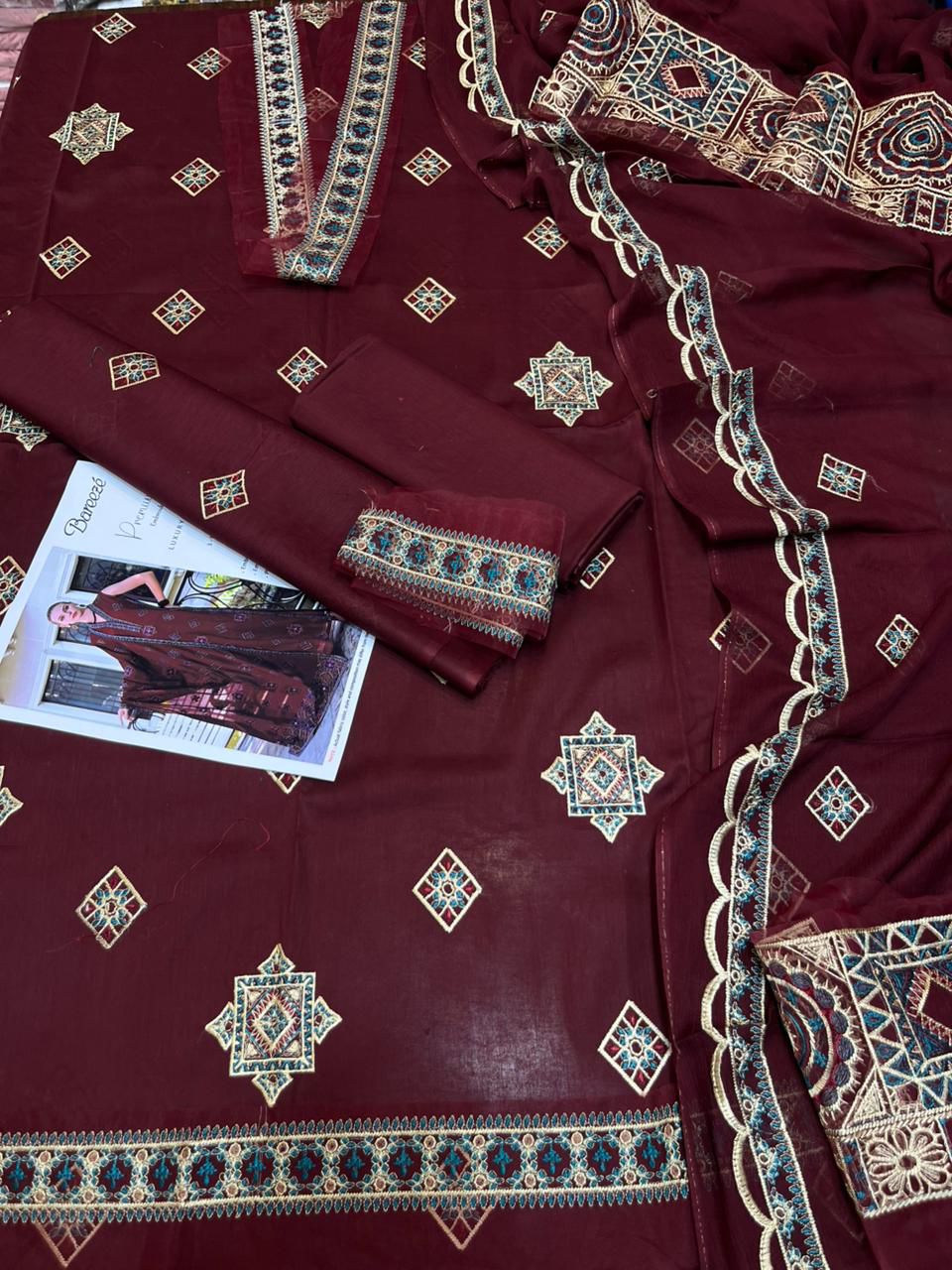 Bareezè, Fine Quality Lawn with Chiffon Emb Dopatta,3 Pcs Suit