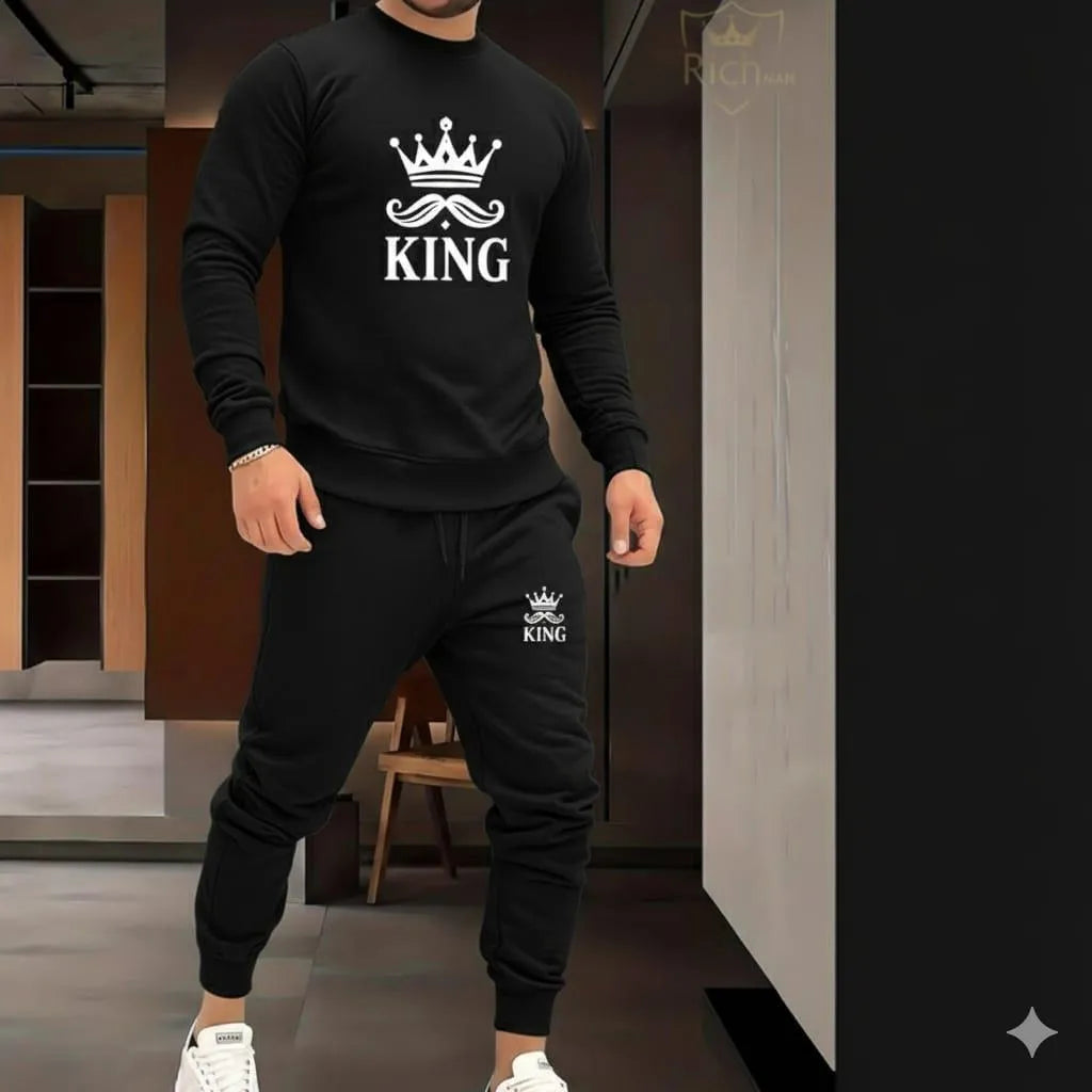 2pcs men's fleece printed hoodie track suit.