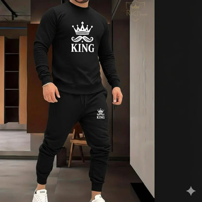 2pcs men's fleece printed hoodie track suit.
