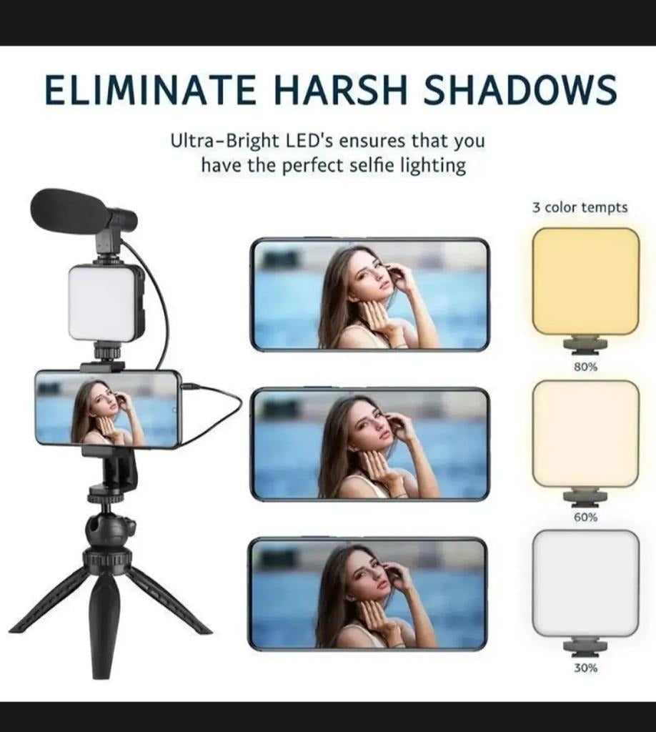 Bluetooth tripod selfie stick  & Holder – Complete Video Making Set for Vlogging, Microphone and LED light