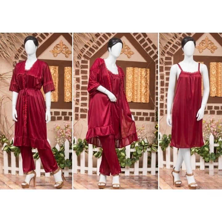 3-Piece Silk Nightwear Set for Women, Comfortable Nighty Set (Gown + Inner + Trouser), Free Size Elegant Sleepwear