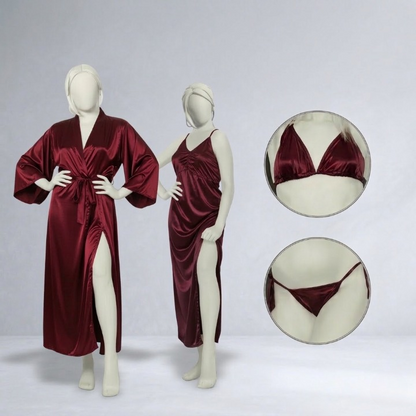 Burgundy Silk Satin 4-Piece Lingerie & Nightwear Set for Women – Luxury Soft Satin Sleepwear, Free size