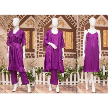 3-Piece Silk Nightwear Set for Women, Comfortable Nighty Set (Gown + Inner + Trouser), Free Size Elegant Sleepwear