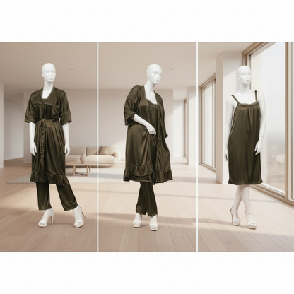 3-Piece Silk Nightwear Set for Women, Comfortable Nighty Set (Gown + Inner + Trouser), Free Size Elegant Sleepwear