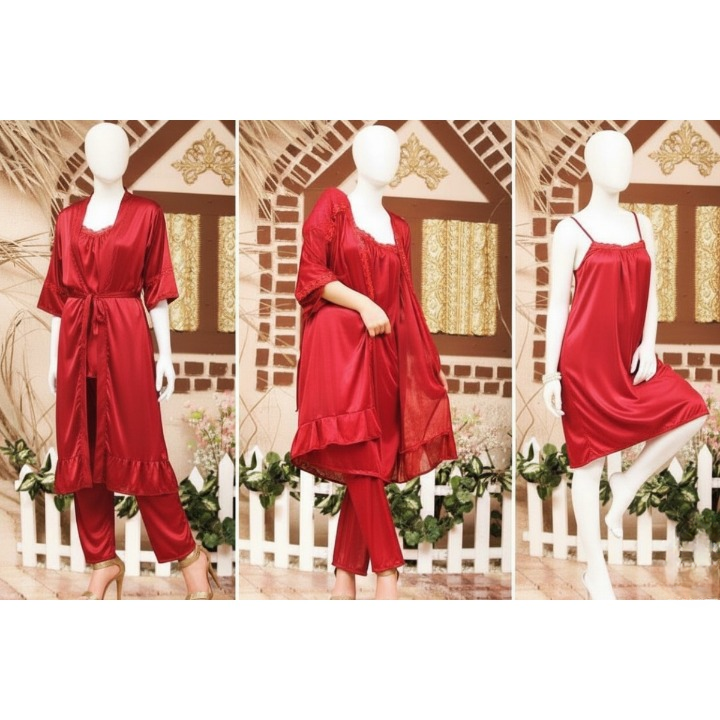 3-Piece Silk Nightwear Set for Women, Comfortable Nighty Set (Gown + Inner + Trouser), Free Size Elegant Sleepwear