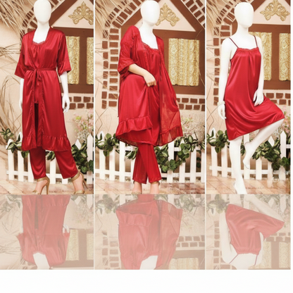 3-Piece Silk Nightwear Set for Women, Comfortable Nighty Set (Gown + Inner + Trouser), Free Size Elegant Sleepwear