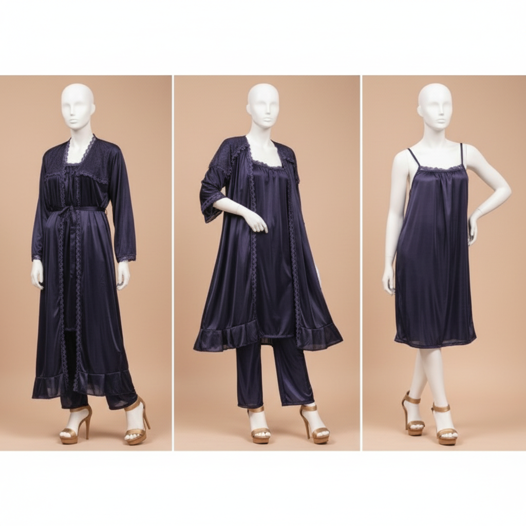 3-Piece Silk Nightwear Set for Women, Comfortable Nighty Set (Gown + Inner + Trouser), Free Size Elegant Sleepwear