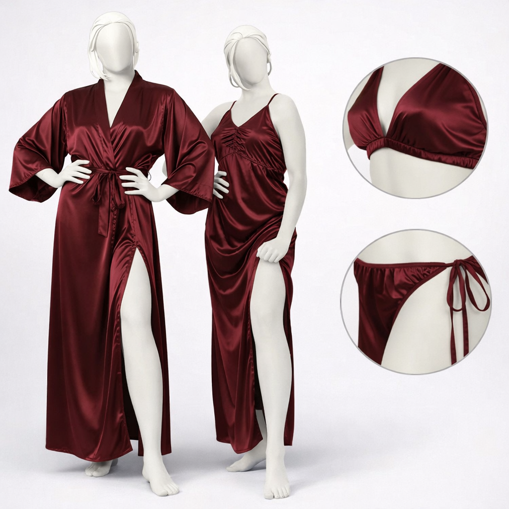 Burgundy Silk Satin 4-Piece Lingerie & Nightwear Set for Women – Luxury Soft Satin Sleepwear, Free size