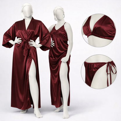 Burgundy Silk Satin 4-Piece Lingerie & Nightwear Set for Women – Luxury Soft Satin Sleepwear, Free size