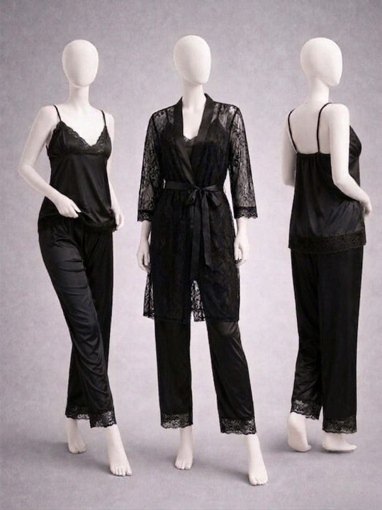 Elegant 3-Piece Women's Nightwear Set – Silk Cami, Pajamas & Lace Robe (Free Size)