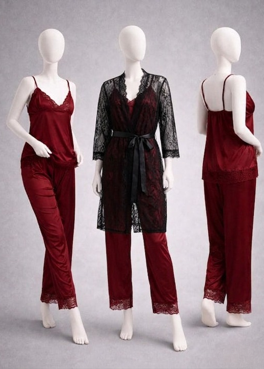 Elegant 3-Piece Women's Nightwear Set – Silk Cami, Pajamas & Lace Robe (Free Size)