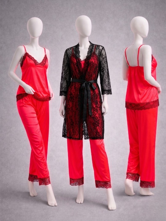 Elegant 3-Piece Women's Nightwear Set – Silk Cami, Pajamas & Lace Robe (Free Size)