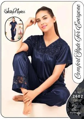 Women's Stitched Silk Lace-Work Night Suit / Shirt / Trouser sleep wear