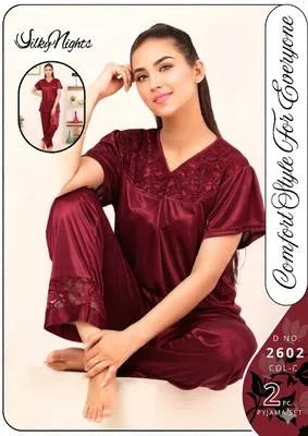 Women's Stitched Silk Lace-Work Night Suit / Shirt / Trouser sleep wear