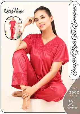 Women's Stitched Silk Lace-Work Night Suit / Shirt / Trouser sleep wear