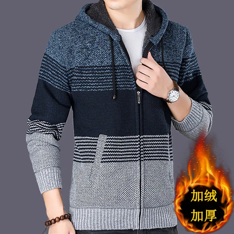 Sweater Fleece Thickened Jacket Men's Knitwear Hooded Cardigan Korean Fashionable Casual Outfit Handsome Top