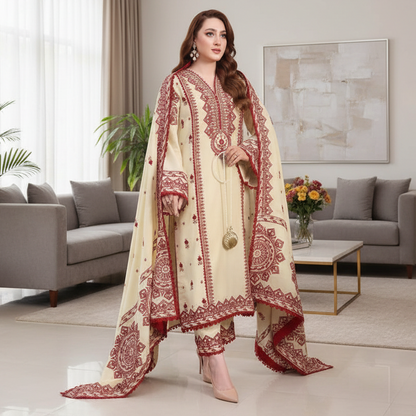 ASIM JOFA-3PC Dhanak Embroidered shirt and trouser, shawl