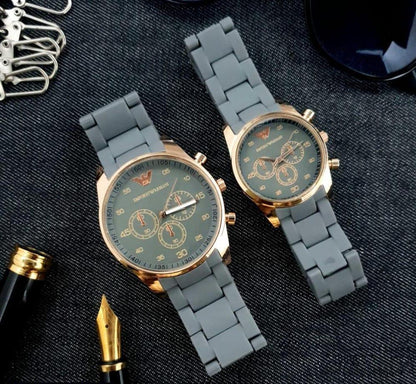 2 Pcs Unisex Stainless Steel Chronograph Couple Watches - Round Multicolor Design