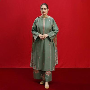 3 Pcs Women's Unstitched Dhanak Embroidered Suit