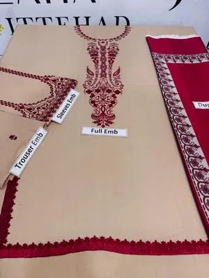 3 Pcs Women's Unstitched Embroidered Suit