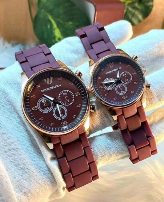 2 Pcs Unisex Stainless Steel Chronograph Couple Watches - Round Multicolor Design
