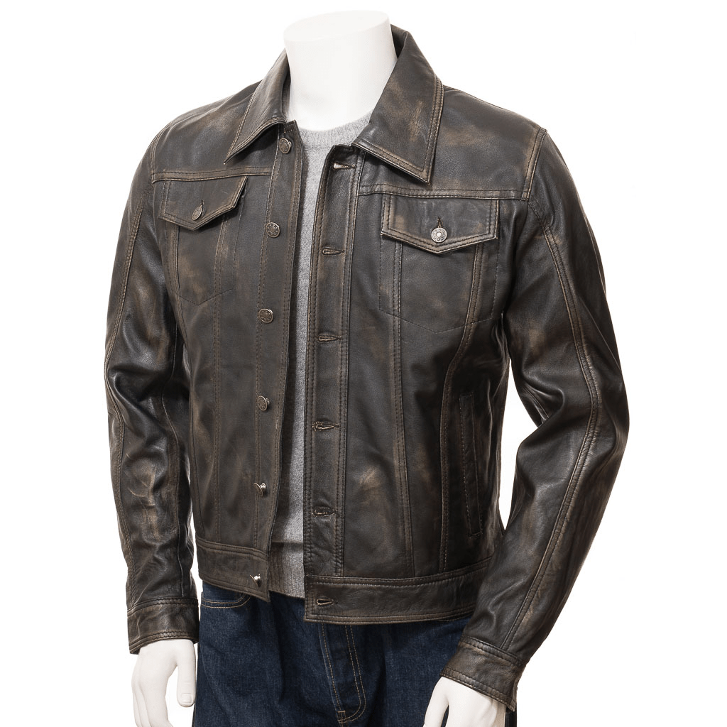 MEN LEATHER TRUCKER JACKET IN VINTAGE PIKE