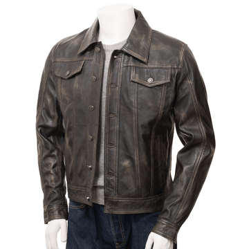 MEN LEATHER TRUCKER JACKET IN VINTAGE PIKE