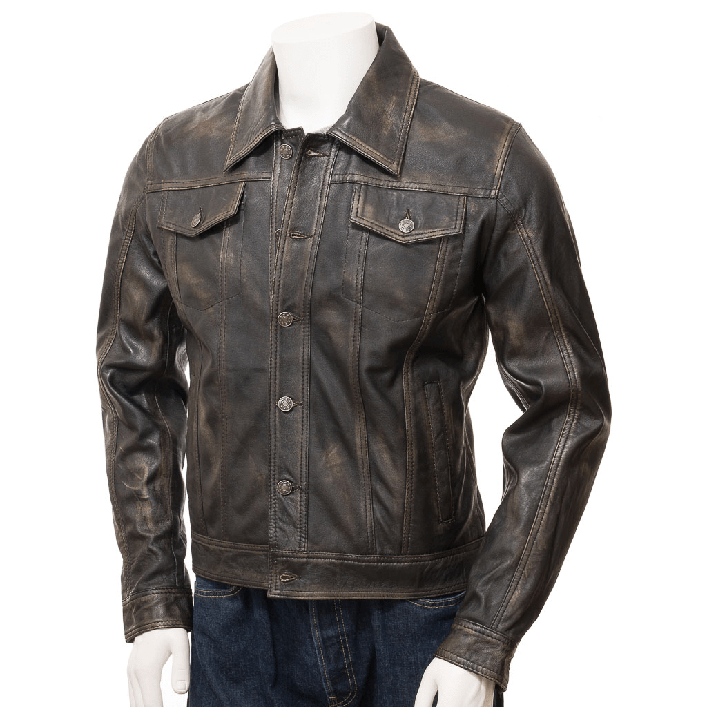 MEN LEATHER TRUCKER JACKET IN VINTAGE PIKE