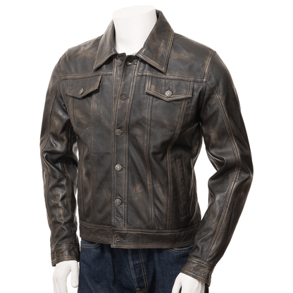 MEN LEATHER TRUCKER JACKET IN VINTAGE PIKE