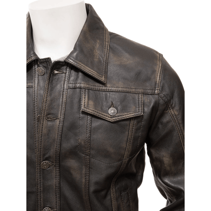 MEN LEATHER TRUCKER JACKET IN VINTAGE PIKE