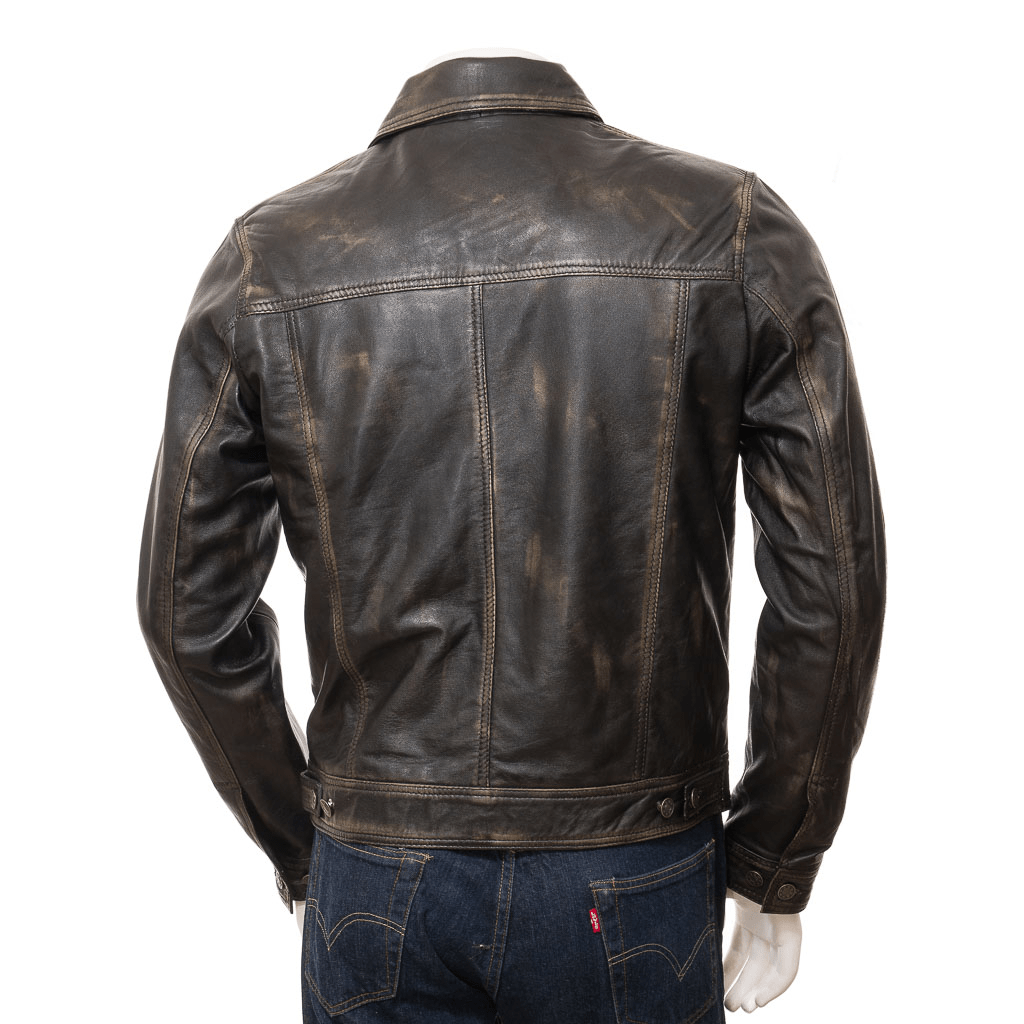 MEN LEATHER TRUCKER JACKET IN VINTAGE PIKE