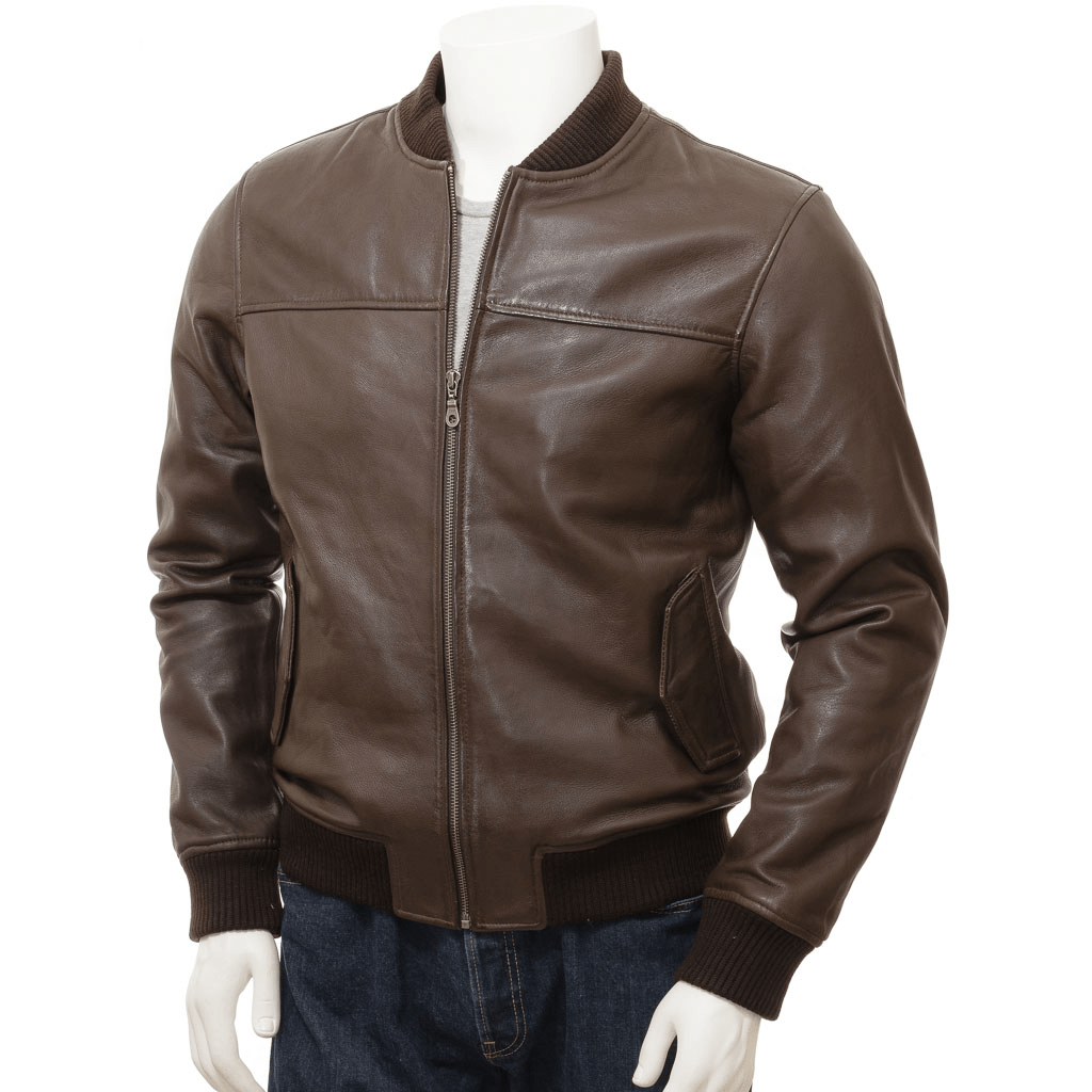 MEN BROWN LEATHER BOMBER JACKET BROWNVILLE