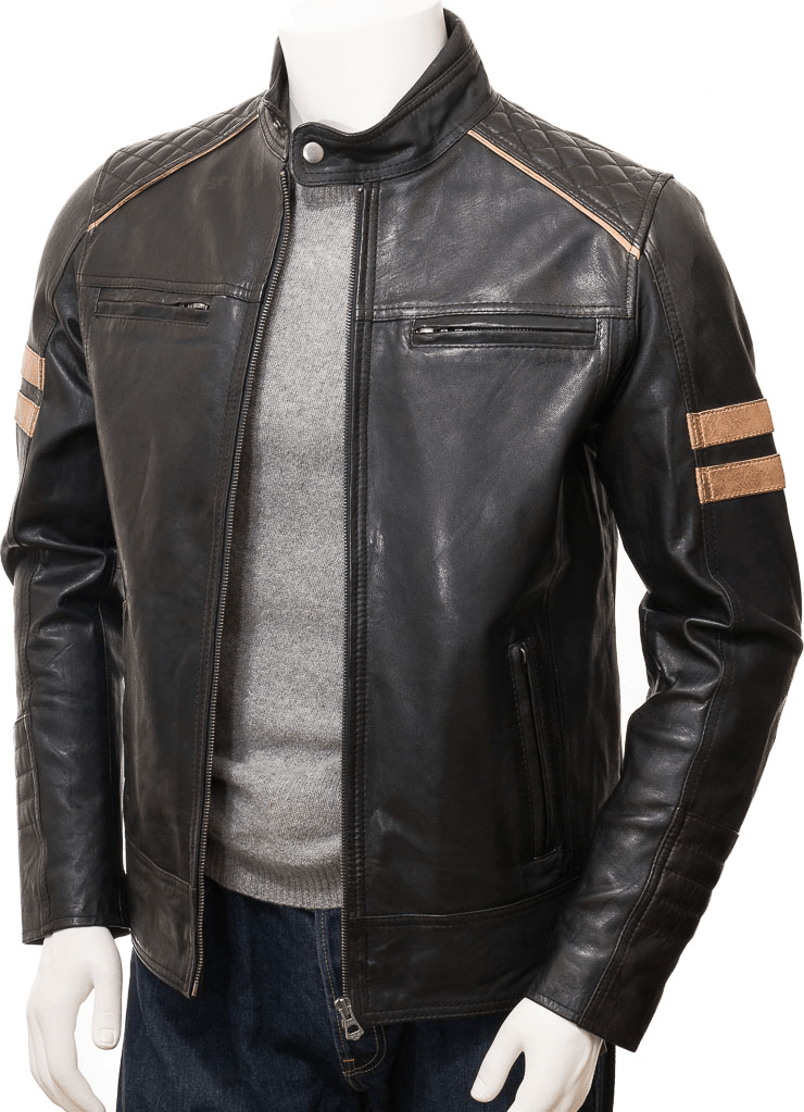 MEN BLACK LEATHER BIKER JACKET ADAMS