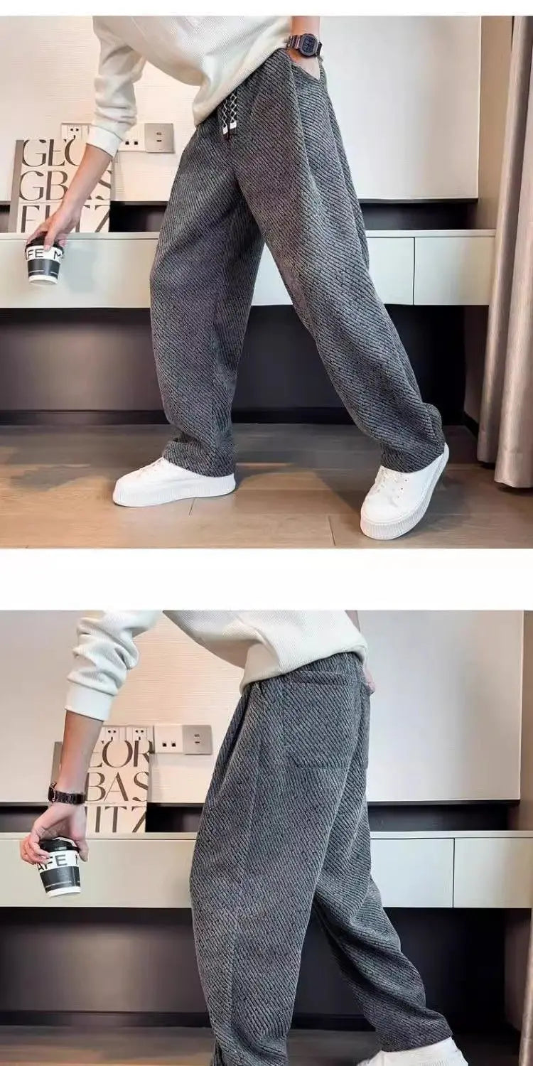 Autumn Winter Loose Men's Sherpa Fabric Straight Pants Man Fashion Thick Pockets Trousers Solid Color Male Clothes