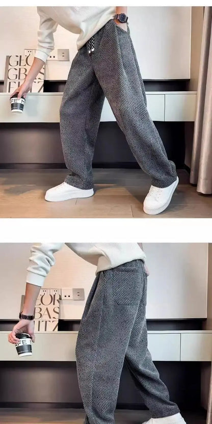 Autumn Winter Loose Men's Sherpa Fabric Straight Pants Man Fashion Thick Pockets Trousers Solid Color Male Clothes