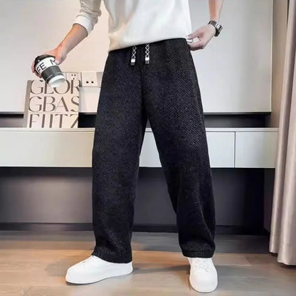 Autumn Winter Loose Men's Sherpa Fabric Straight Pants Man Fashion Thick Pockets Trousers Solid Color Male Clothes