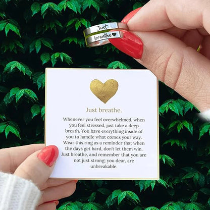 Stainless Steel Ring Just Breathe Ring for Women Men, Spiral Wrap Healing Rings, Inspirational Gifts with Message Card Box