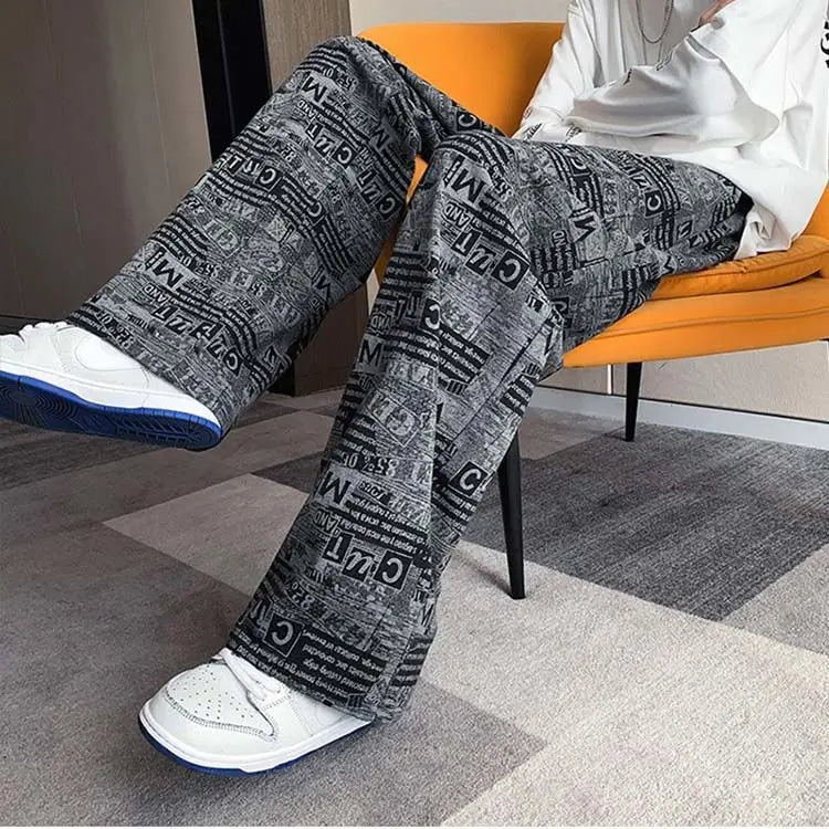 Trendy Harbor Style Retro Wide-leg Pants Used in Old Newspaper Full Print Loose Straight Casual Trousers Men