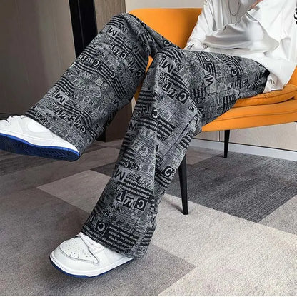Trendy Harbor Style Retro Wide-leg Pants Used in Old Newspaper Full Print Loose Straight Casual Trousers Men