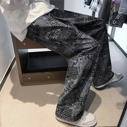 Trendy Harbor Style Retro Wide-leg Pants Used in Old Newspaper Full Print Loose Straight Casual Trousers Men